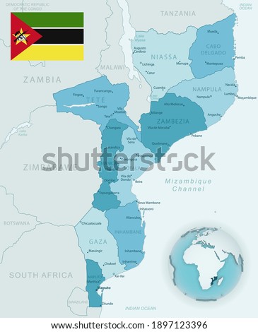 Blue-green detailed map of Mozambique administrative divisions with country flag and location on the globe. Vector illustration
