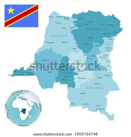 Democratic Republic of the Congo administrative blue-green map with country flag and location on a globe. Vector illustration