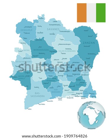 Cote d'Ivoire administrative blue-green map with country flag and location on a globe. Vector illustration