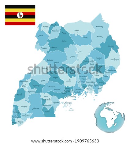 Uganda administrative blue-green map with country flag and location on a globe. Vector illustration