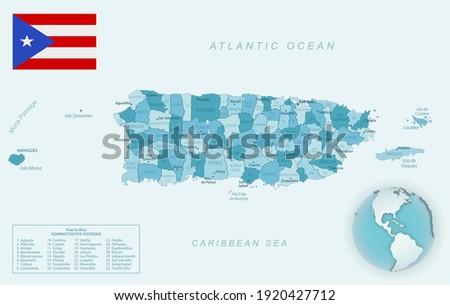 Blue-green detailed map of Puerto Rico administrative divisions with country flag and location on the globe. Vector illustration