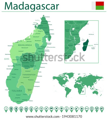 Detailed map of Madagascar with country flag and location on world map. Vector illustration