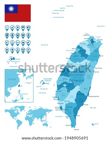 Taiwan detailed administrative blue map with country flag and location on the world map.