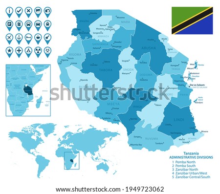 Tanzania detailed administrative blue map with country flag and location on the world map.