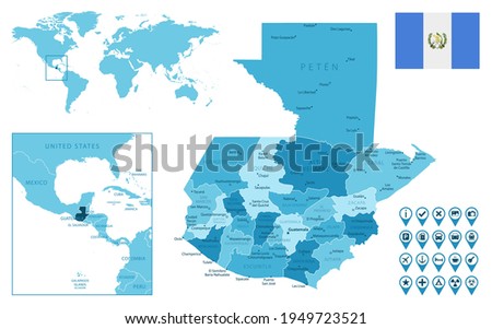 Guatemala detailed administrative blue map with country flag and location on the world map.