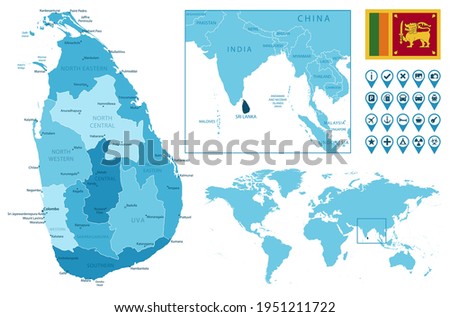 Sri Lanka detailed administrative blue map with country flag and location on the world map.