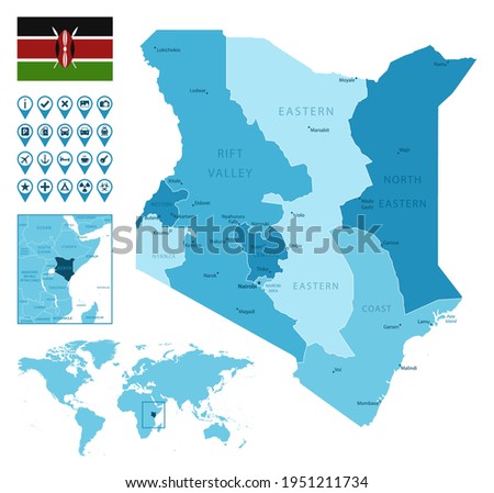 Kenya detailed administrative blue map with country flag and location on the world map.