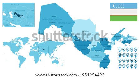 Uzbekistan detailed administrative blue map with country flag and location on the world map.