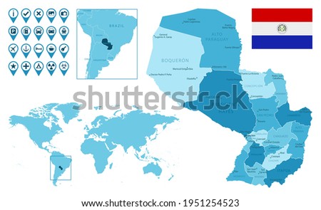 Paraguay detailed administrative blue map with country flag and location on the world map.
