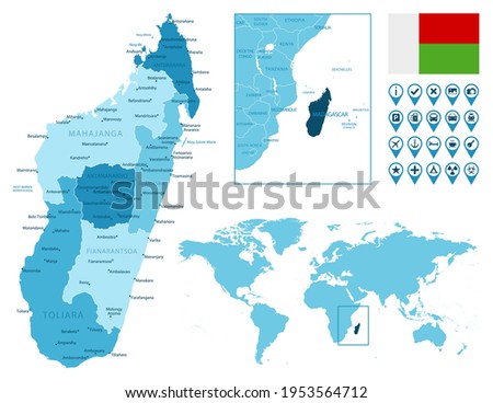 Madagascar detailed administrative blue map with country flag and location on the world map.