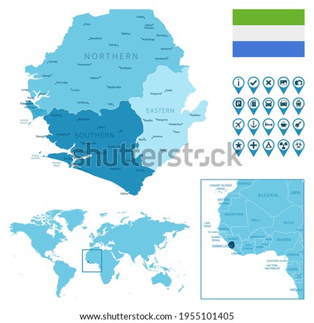 Sierra Leone detailed administrative blue map with country flag and location on the world map.