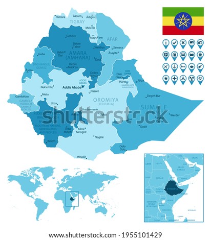 Ethiopia detailed administrative blue map with country flag and location on the world map.