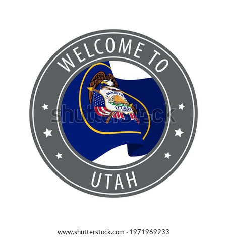 Welcome to Utah. Gray stamp with a waving state flag. Collection of welcome icons.