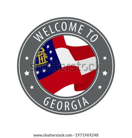 Welcome to Georgia. Gray stamp with a waving state flag. Collection of welcome icons.