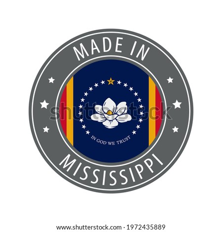 Made in Mississippi icon. Gray stamp with a round state flag.