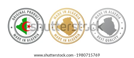 Made in Algeria - set of stamps with map and flag. Best quality. Original product. Vector illustration