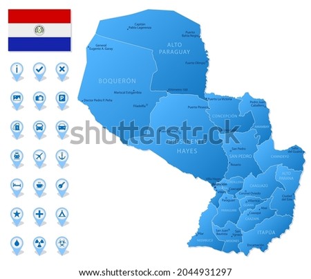 Blue map of Paraguay administrative divisions with travel infographic icons. Vector illustration