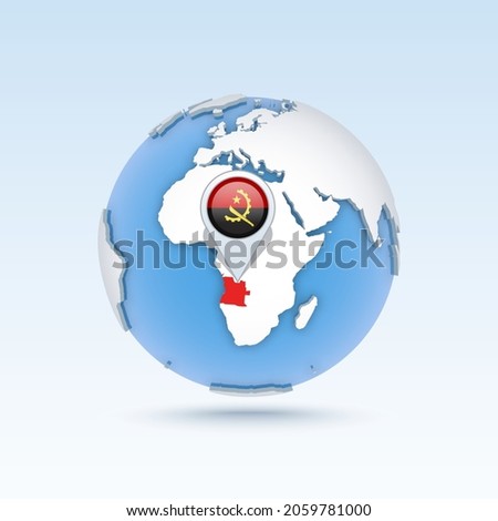 Angola - country map and flag located on globe, world map. 3D Vector illustration