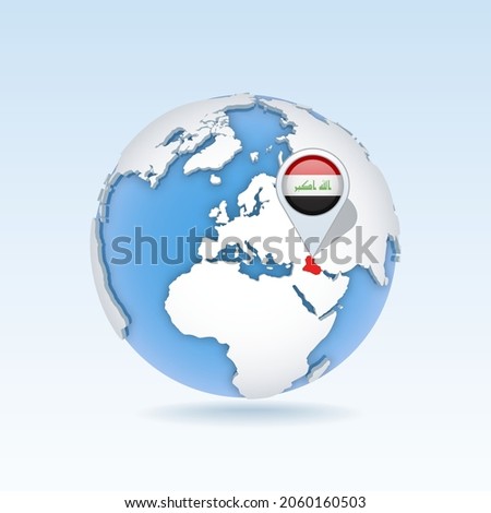 Iraq - country map and flag located on globe, world map. 3D Vector illustration