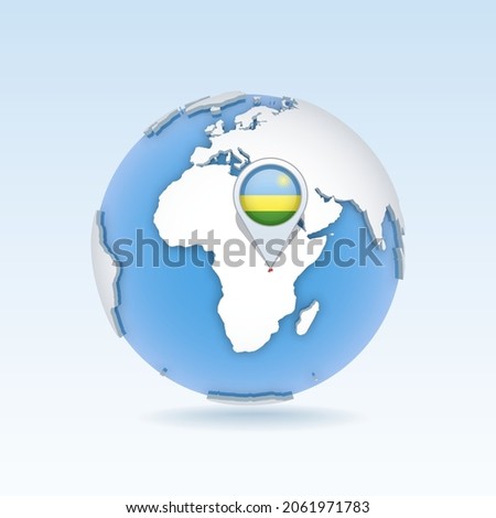 Rwanda - country map and flag located on globe, world map. 3D Vector illustration