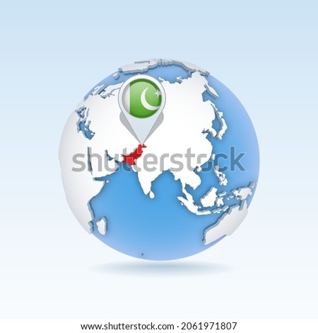 Pakistan - country map and flag located on globe, world map. 3D Vector illustration