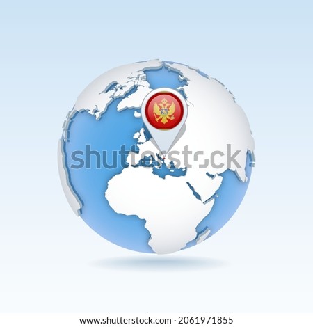 Montenegro - country map and flag located on globe, world map. 3D Vector illustration
