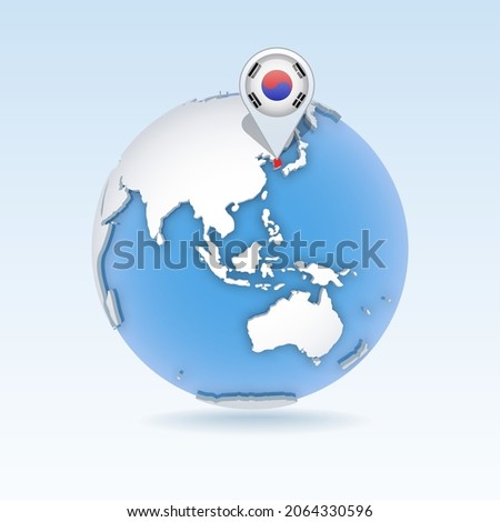 South Korea - country map and flag located on globe, world map. 3D Vector illustration