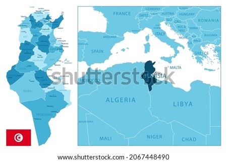 Tunisia - highly detailed blue map. Vector illustration