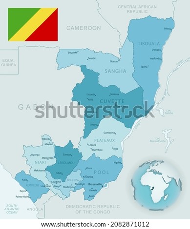 Blue-green detailed map of Republic of the Congo administrative divisions with country flag and location on the globe. Vector illustration