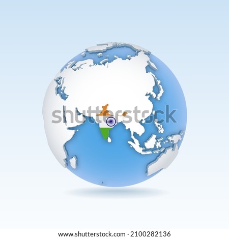 India - country map and flag located on globe, world map. 3D Vector illustration