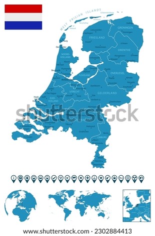 Netherlands - detailed blue country map with cities, regions, location on world map and globe. Infographic icons. Vector illustration