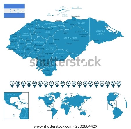Honduras - detailed blue country map with cities, regions, location on world map and globe. Infographic icons. Vector illustration