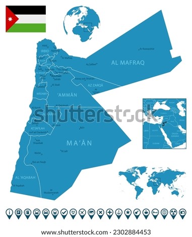 Jordan - detailed blue country map with cities, regions, location on world map and globe. Infographic icons. Vector illustration