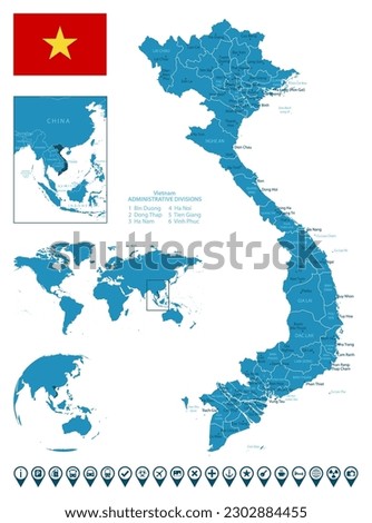 Vietnam - detailed blue country map with cities, regions, location on world map and globe. Infographic icons. Vector illustration