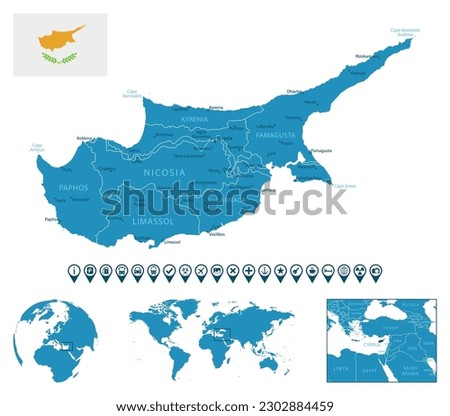 Cyprus - detailed blue country map with cities, regions, location on world map and globe. Infographic icons. Vector illustration