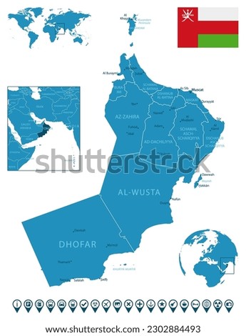 Oman - detailed blue country map with cities, regions, location on world map and globe. Infographic icons. Vector illustration