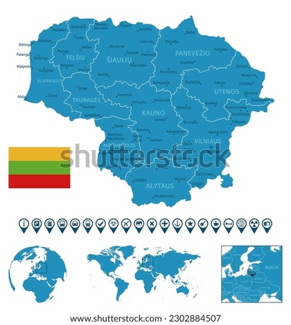 Lithuania - detailed blue country map with cities, regions, location on world map and globe. Infographic icons. Vector illustration