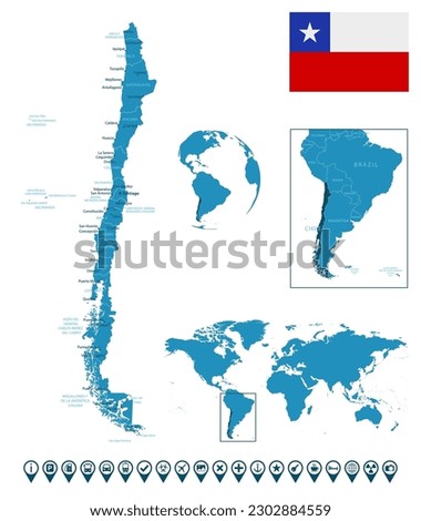 Chile - detailed blue country map with cities, regions, location on world map and globe. Infographic icons. Vector illustration