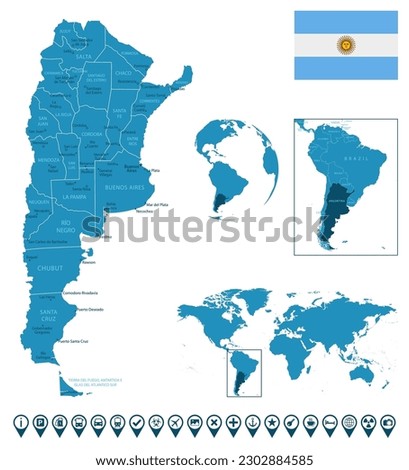 Argentina - detailed blue country map with cities, regions, location on world map and globe. Infographic icons. Vector illustration