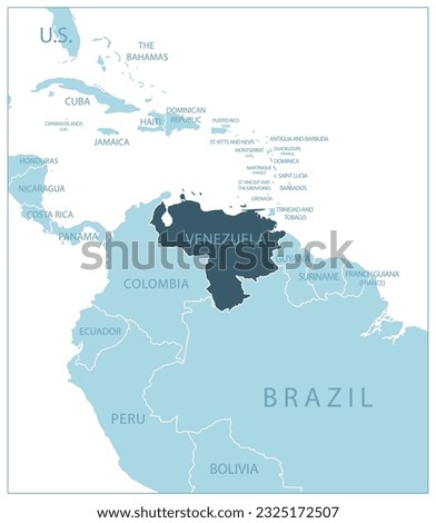 Venezuela - blue map with neighboring countries and names. Vector illustration