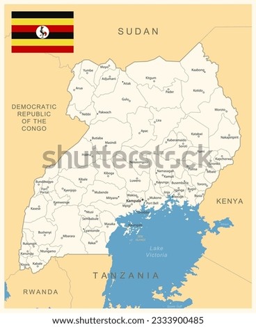 Uganda - detailed map with administrative divisions and country flag. Vector illustration
