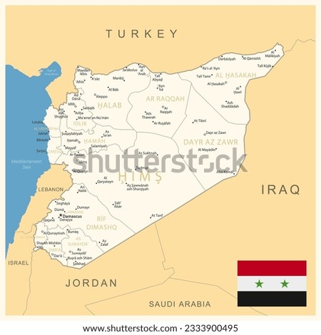 Syria - detailed map with administrative divisions and country flag. Vector illustration