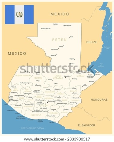 Guatemala - detailed map with administrative divisions and country flag. Vector illustration