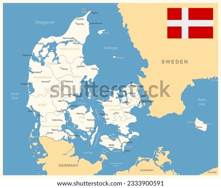 Denmark - detailed map with administrative divisions and country flag. Vector illustration