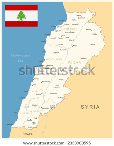Lebanon - detailed map with administrative divisions and country flag. Vector illustration