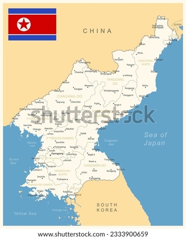 North Korea - detailed map with administrative divisions and country flag. Vector illustration