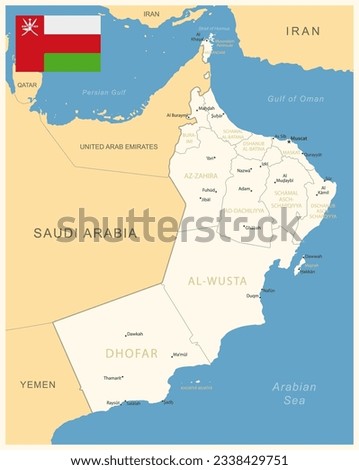 Oman - detailed map with administrative divisions and country flag. Vector illustration