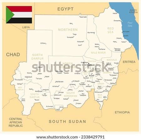 Sudan - detailed map with administrative divisions and country flag. Vector illustration