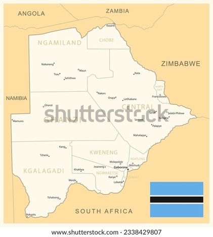 Botswana - detailed map with administrative divisions and country flag. Vector illustration