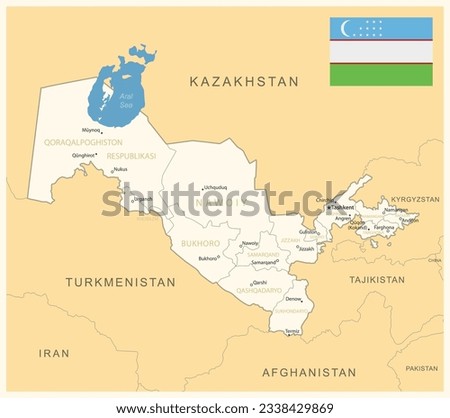Uzbekistan - detailed map with administrative divisions and country flag. Vector illustration